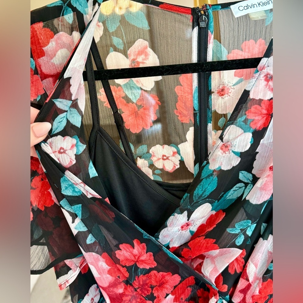 Calvin Klein Faux Wrap Black Red Floral Midi Wrap Dress - Size 8 - Picture 6 of 11